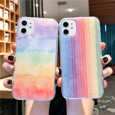 

For Rainbow iPhone Case 11 Pro Max Laser Print Glitter Cover SE 2 7 8 Plus X XS Max Soft Thin TPU Glossy Cellphone Fundas