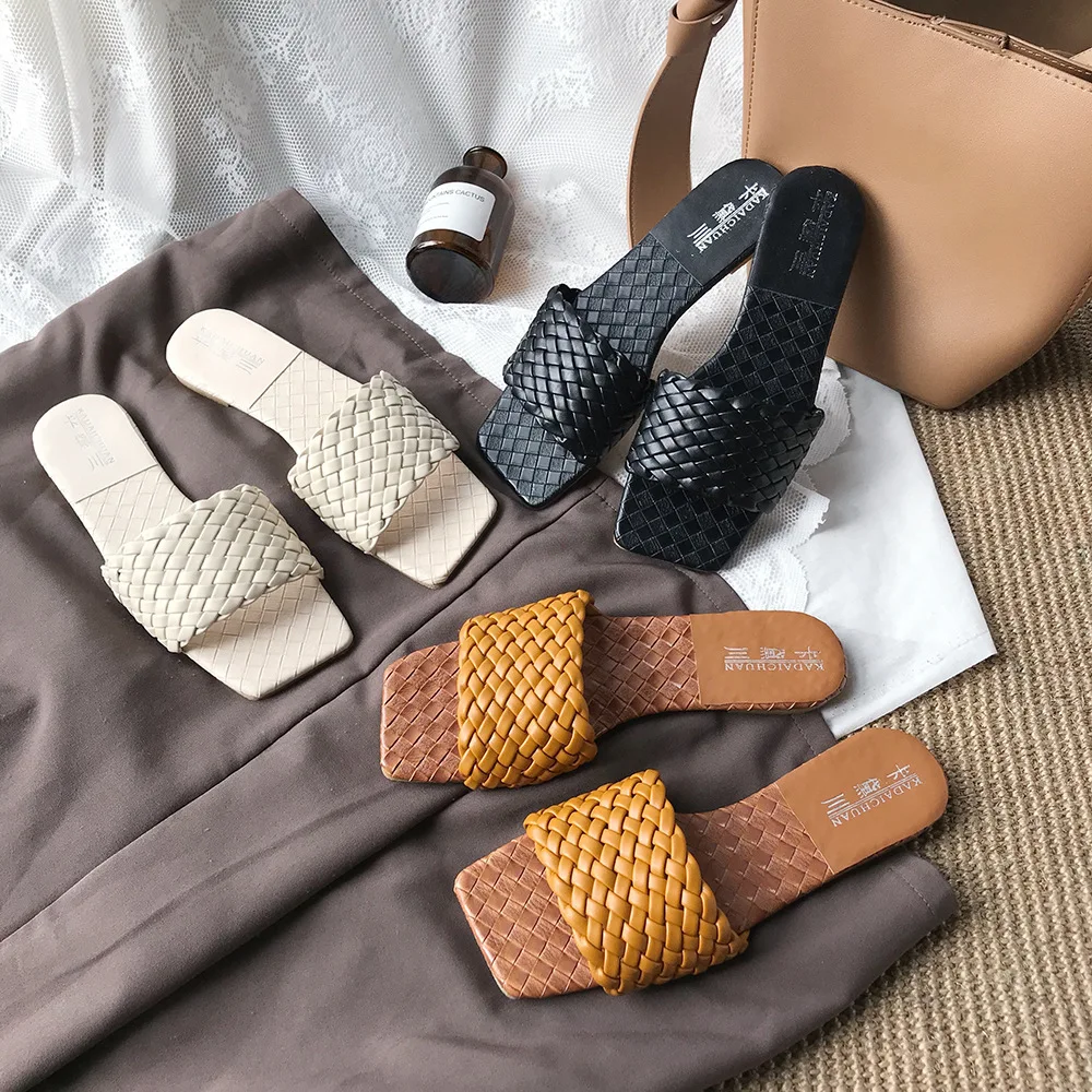 

2020 Slippers Weave Leather Women Sandal Open Toe Flat Casual Slides Summer Outdoor Beach Female Flip Flops, Beige, black, brown