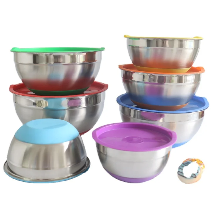 

Colorful Food Grade Silicone Salad Bowl Stainless Steel Mixing Bowls Set With Lid