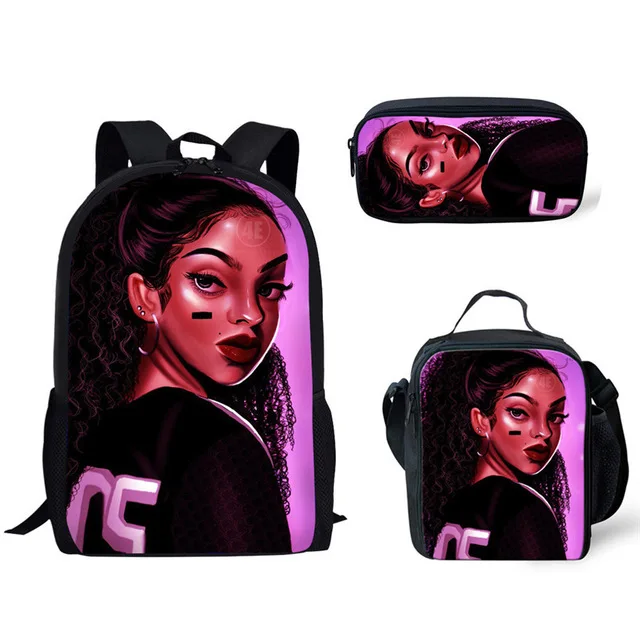 

Black Women Art African Girl Printing School Bags Pencil Lunch for Kid Bag Pack Backpack Children Boy Melanin 3pcs Set Schoolbag, Customized