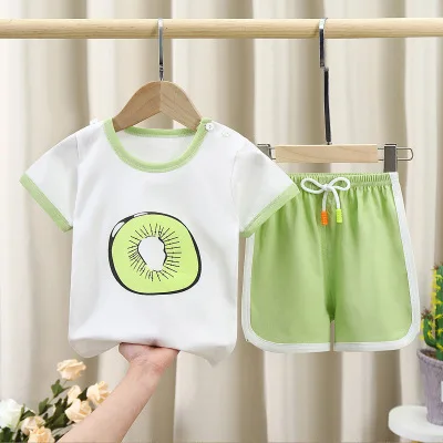 

F40361A the wholesale Korean cotton cartoon kids clothing short sleeve print baby girls' clothing set, As picture