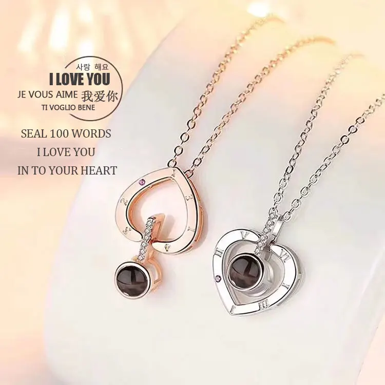 

925 Sterling Silver I Love You 100 Languages Projection Crystal Heart Romantic Chain Pendant Necklace for Valentines Day Gifts, White gold,yellow gold,rose gold