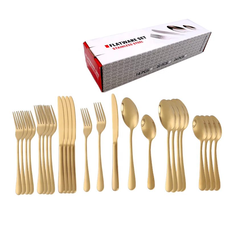 

20/24 Pieces Stainless Steel Flatware Silverware set Metal Tableware Kitchen Cutlery Spoon Fork Knife Set with Colored Box, Natural color