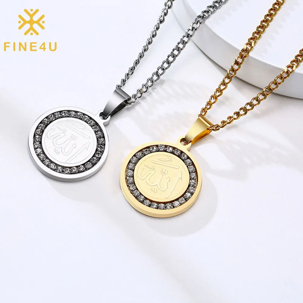 

Religious Jewelry Men Arab Muslim Islamic Cubic Zirconia Gold Plated Pendant Stainless Steel Allah Necklace