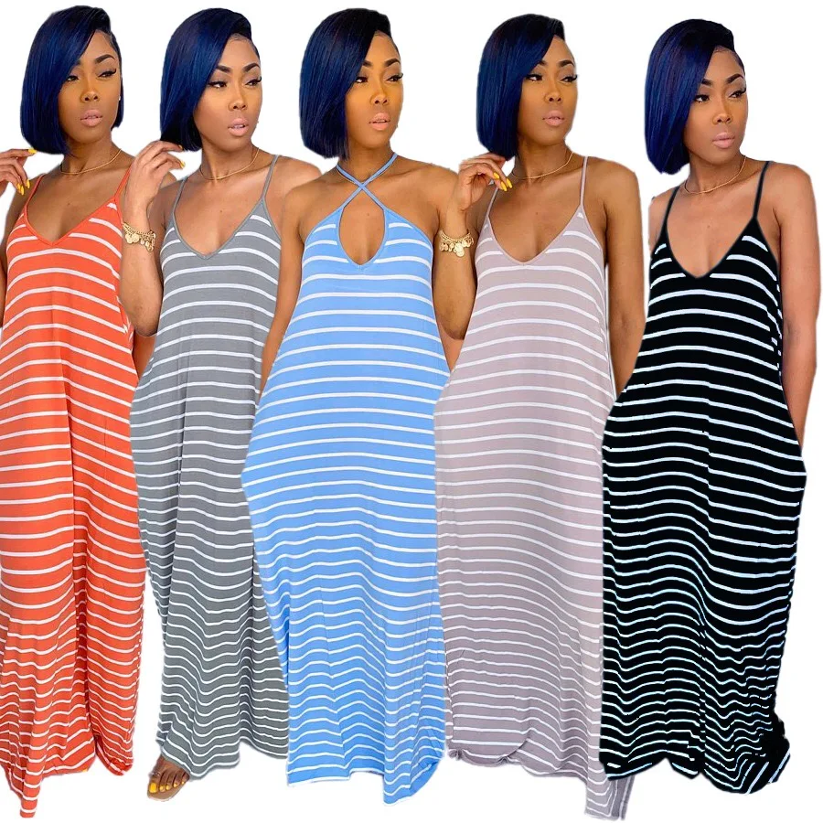 

V-Nice Summer Newest 2021 Summer Sexy v neck straps loose striped printing Lady Elegant Clothes Casual Maxi Long Girls Dress