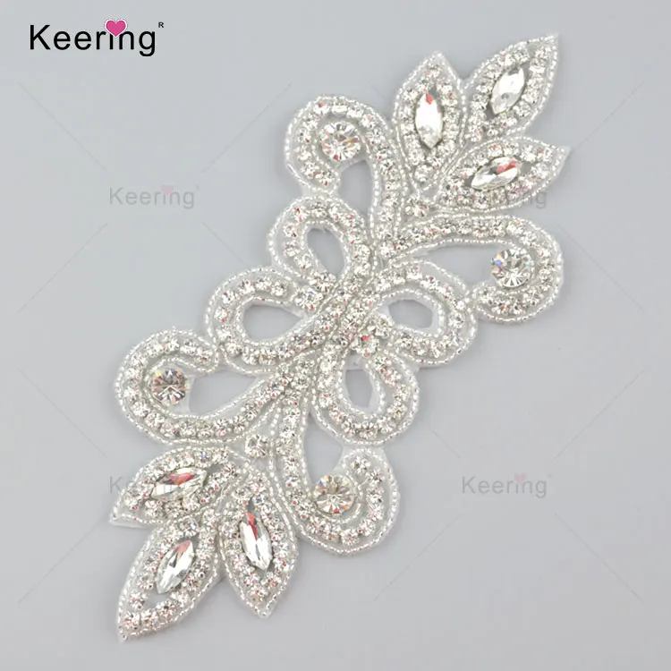 

Hot design bowknot rhinestone applique crystal accessories iron on wedding dress WRA-838, Silver