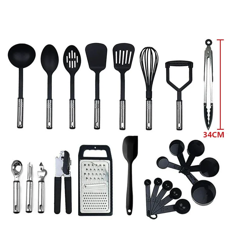 

BPA Free Reusable Nonstick 24pcs Stainless Steel Nylon Kichen Tools Kitchen Accessories, Black