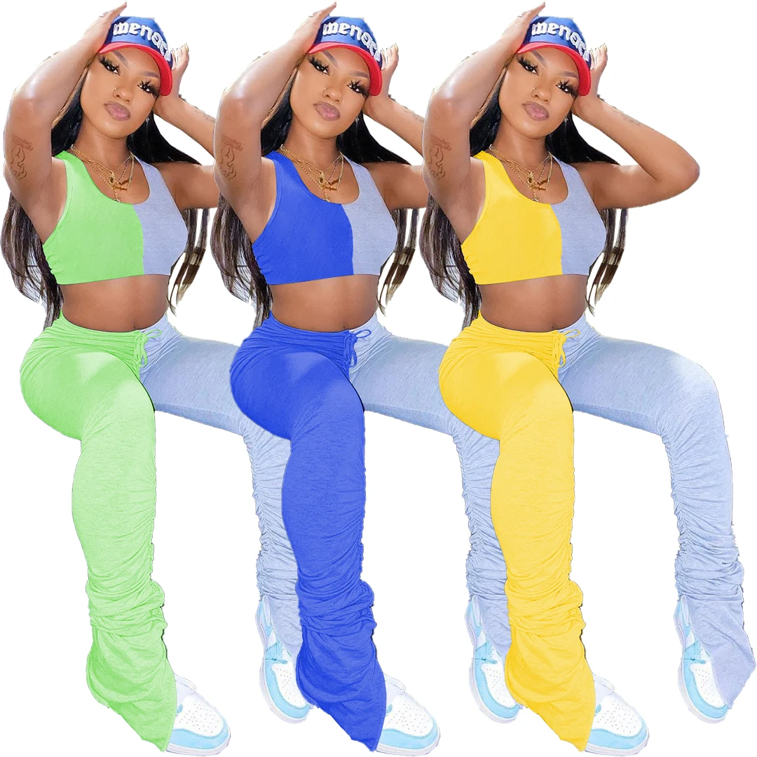 

Foma-SM9093 drop ship 2020 gym crop top pants set patchwork two piece set