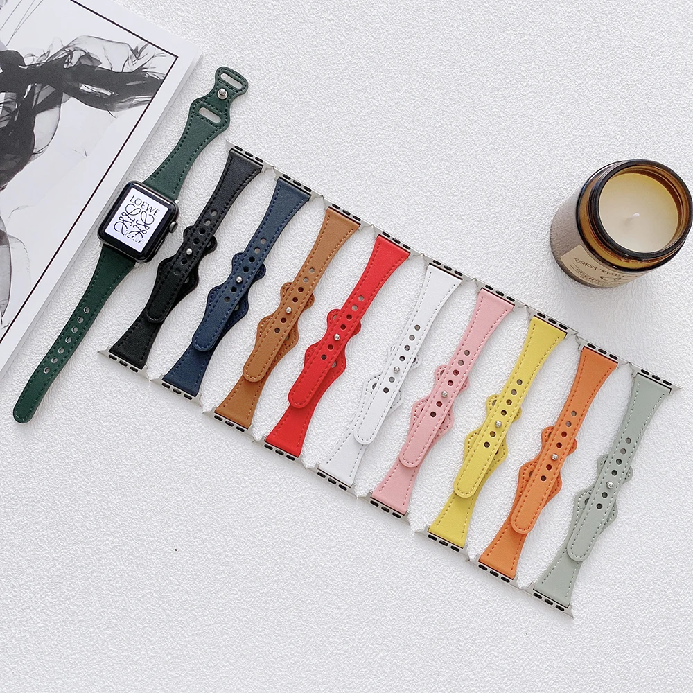 

Ladies Leather Strap for Apple Watch Band 41mm 45mm 38 40 42 44mm Breathable Wristband Bracelet for iwatch Series SE 7 6 5 4 3, Black,gold,blue,red
