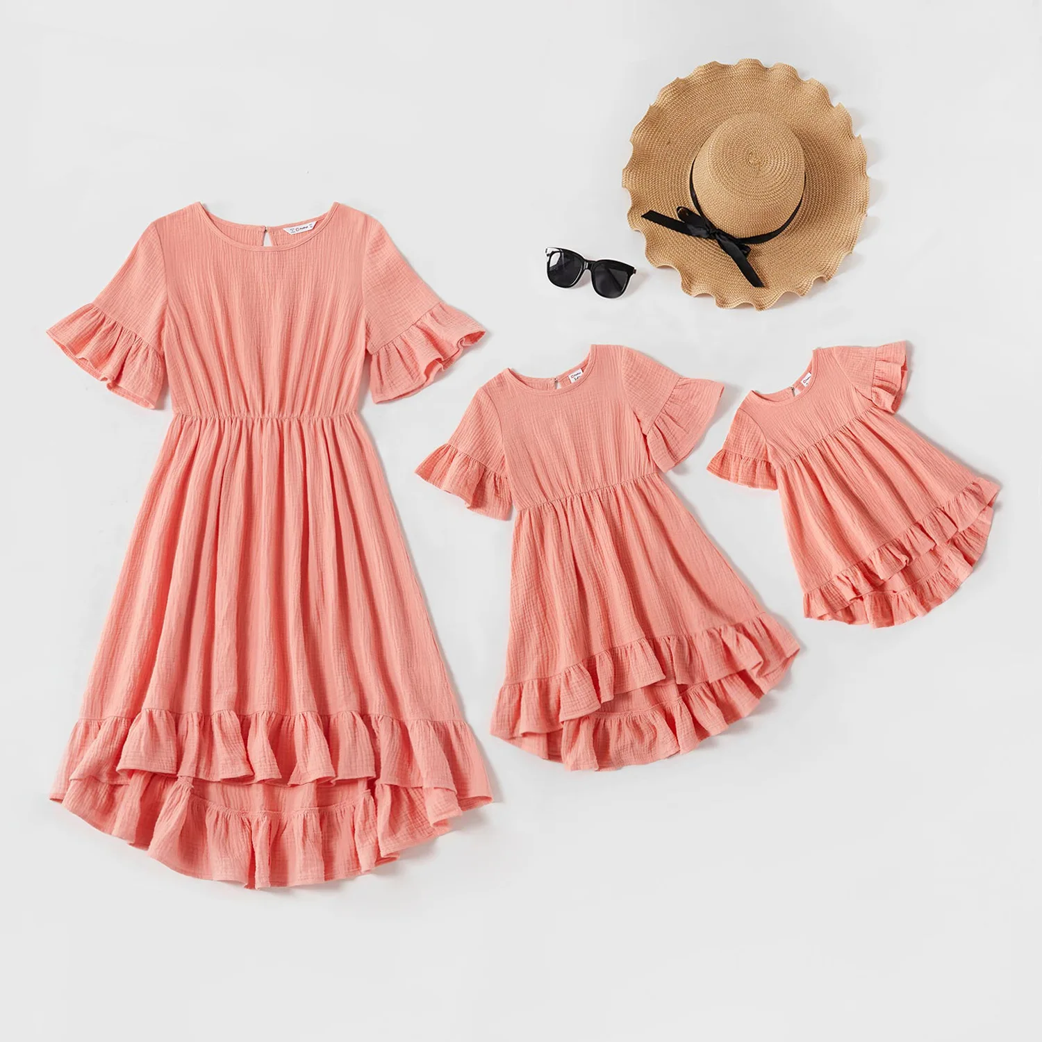 

2021 summer Solid color lotus leaf adult girl baby dress mother daughter parent child dress