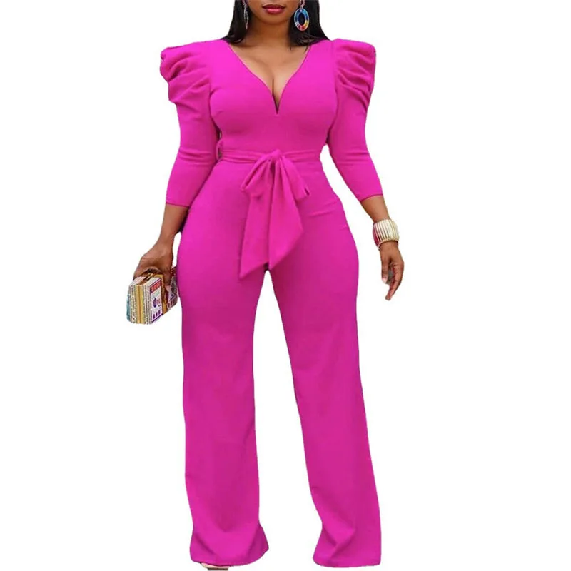 

3005 Fashion Elegant Business Suits Fall Womens Jumpsuits v Neck Casual Plus Size Wide Leg Long Sleeve Women Jumpsuits, Orange, black