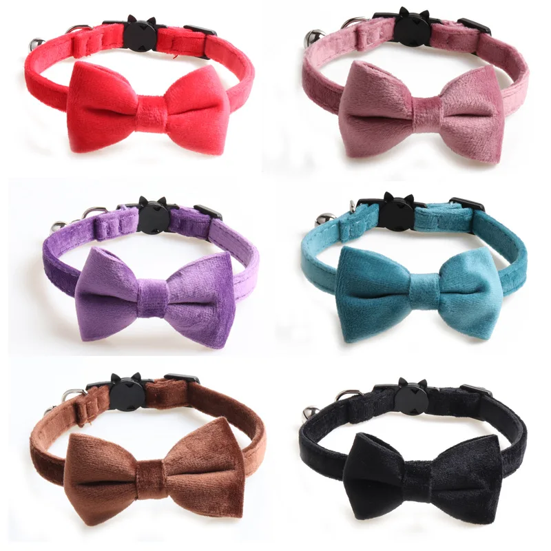 

New high quality velvet cat collar with solid color bow collar adjustable pet accessories, 6 colors