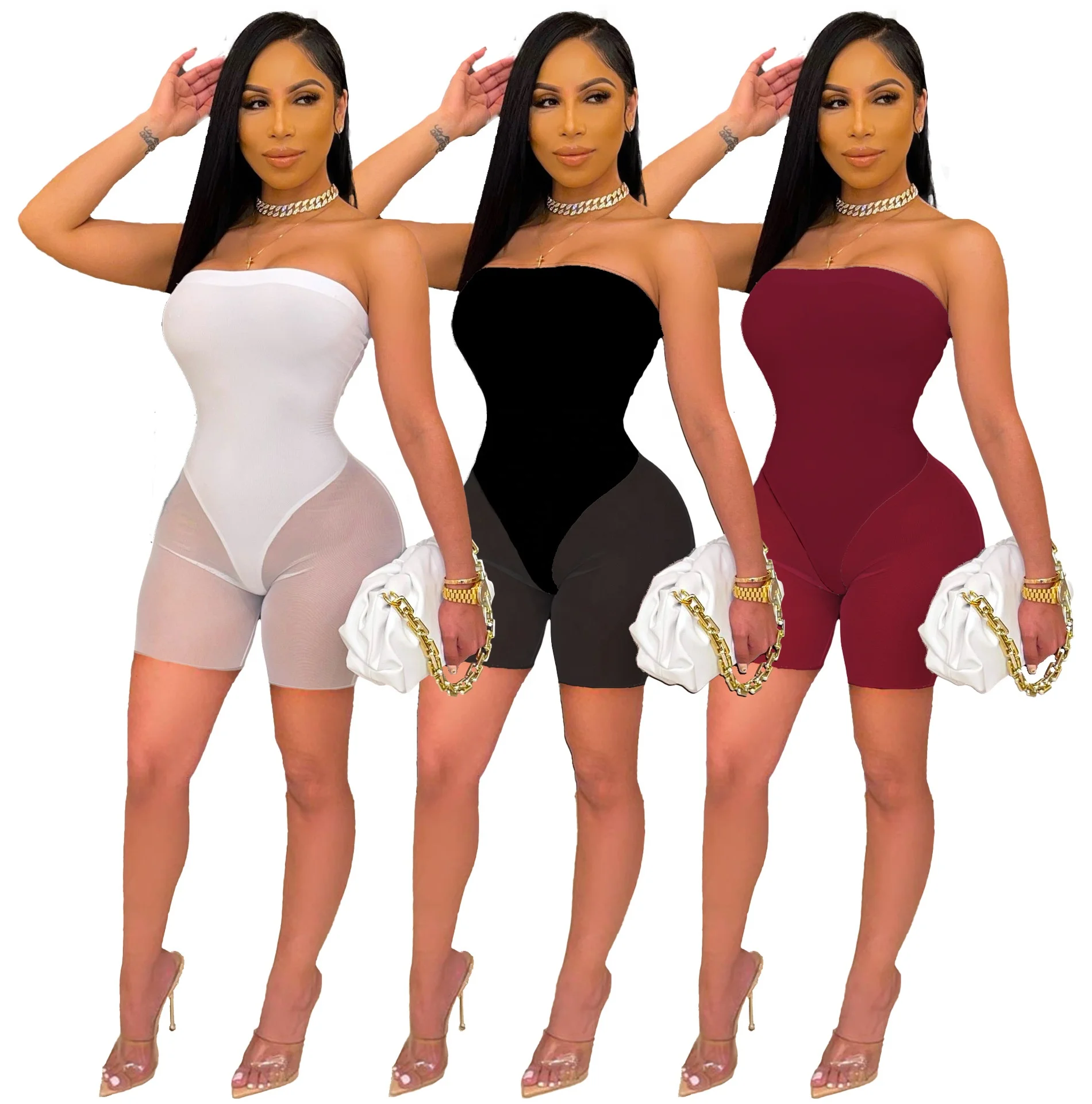 

New arrival summer strapless tube mesh patchwork jumpsuit bare shoulder bodysuits for women, White/black/burgundy