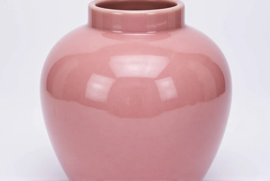 Close-up photograph of authentic antique pink ginger jar showing delicate hand-painted famille rose decoration and characteristic blush glaze