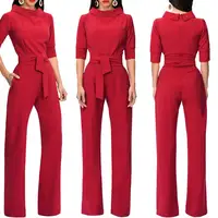 

Jumpsuits women 2018 solid color five point sleeved turn collar wide leg trousers elegant jumpsuits