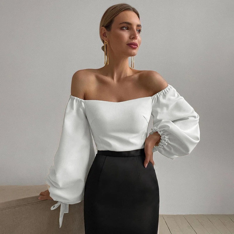 

Women Fashion One-shoulder Lantern Sleeve Top Sexy Women Spring Loose Pullover White Blouse Ladies Strapless Tops Blouses, Multi colors