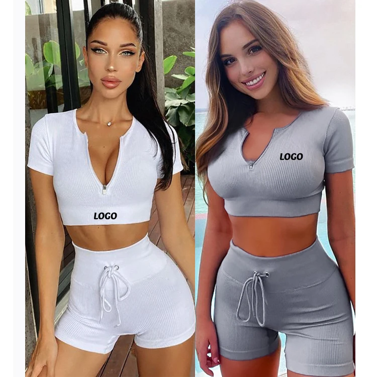 

Free Shipping summer New arrival biker Zipper lady short pants Jogger running set two pieces woman, Color avaliable
