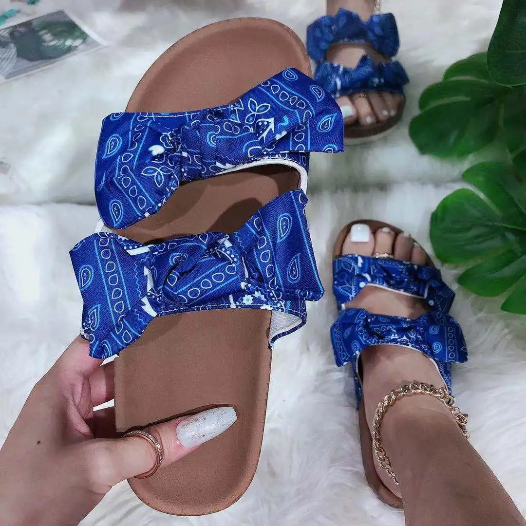 

Hot sale women beach slide double straps Slide bow Sandal Summer Women Shoes Flat Ladies Slippers And Sandals, Green,blue,rose red,color