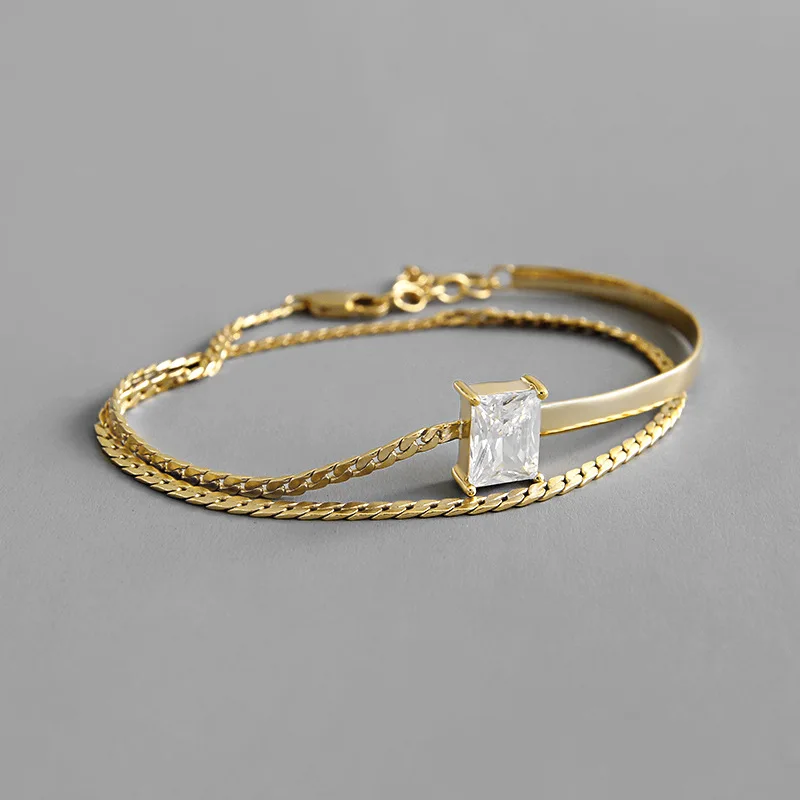 

Real Gold Plated Double Layer Sterling Silver Crystal Bracelet White Color Square Crystal Double Layer 925 Bracelet For Girls