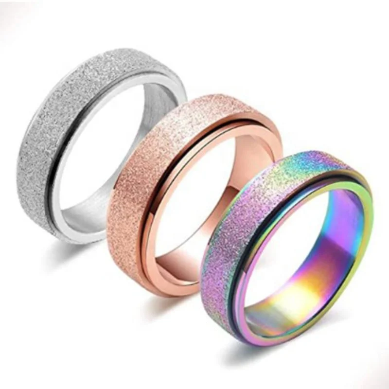 

Spinner Ring for Women Anxiety Relief 6MM Stainless Steel Sand Blast Glitter Finish Rose Gold Silver Rainbow Color Fidget Ring