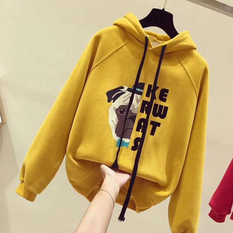 

David clothing] plus velvet thick Korean loose printed wild hooded sweater women