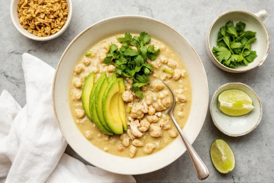 White chicken chili served in bowl with toppings including avocado slices, cilantro, and lime wedges