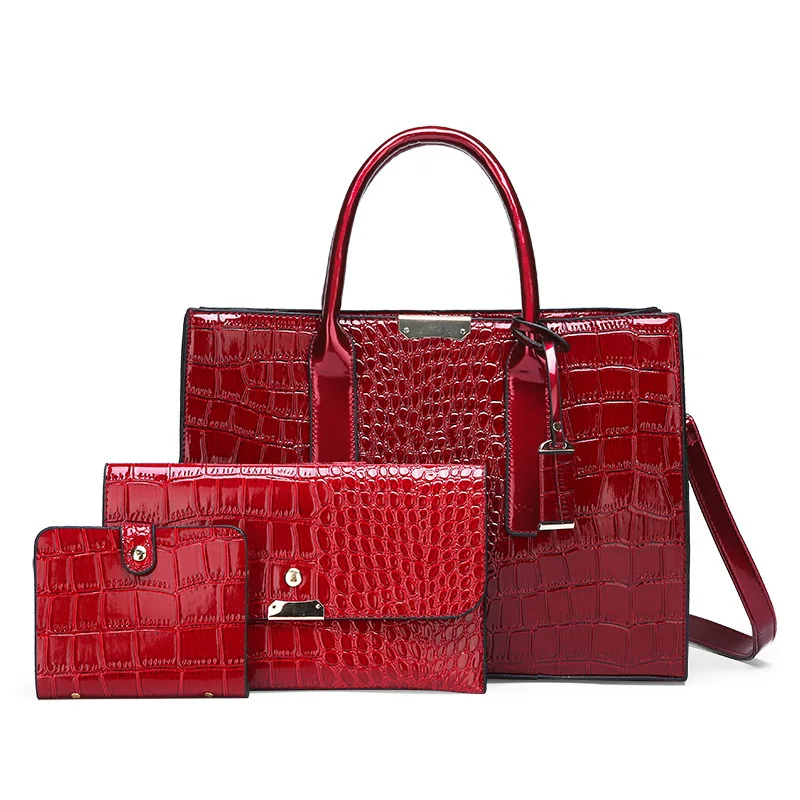 

New Fashion Designer Crocodile PU Leather 3 PCs in 1 Handbag Set Women Hand Bags Ladies Purses And Handbags