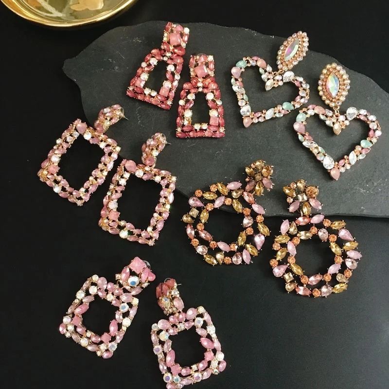 

Kaimei 2021 new arrivals woman tops fashionable jewelry luxury crystal big geometric earrings pink diamond statement earrings, Many colors fyi