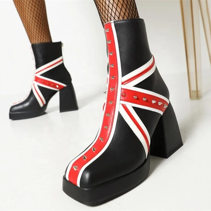

British Style Rivet Decor Women's Ankle Boots Platform Square Toe High Chunky Heel Booty Winter Big Size Fashion 43, Black