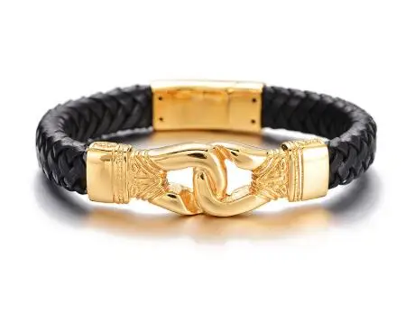 

Black Weaving Leather Gold Handcuff Men Bracelet 316L Stainless Steel Magnetic Clasp Fashion Father's Day Gift Hip Hop Bracelet, Gold,silver,black