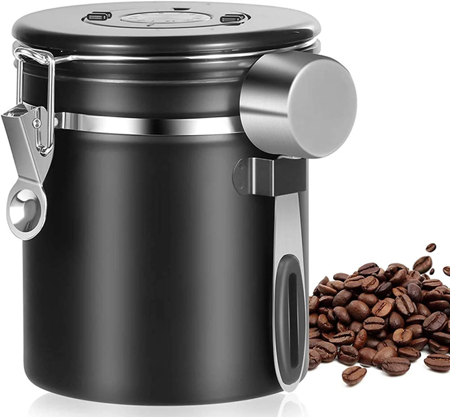 

Stainless steel coffee bean container candy food moisture-proof vacuum fresh-keeping bucket, Black