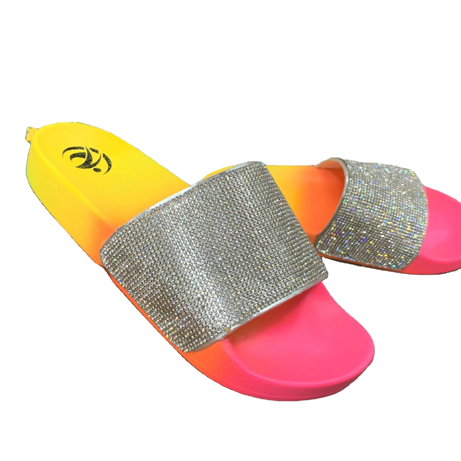 

Rhinestone Rainbow Outdoor Sandals Women Diamonds Flat Slides Bling Slippers Multi Color Crystal Wedges Shoes, Pink,black,rose red