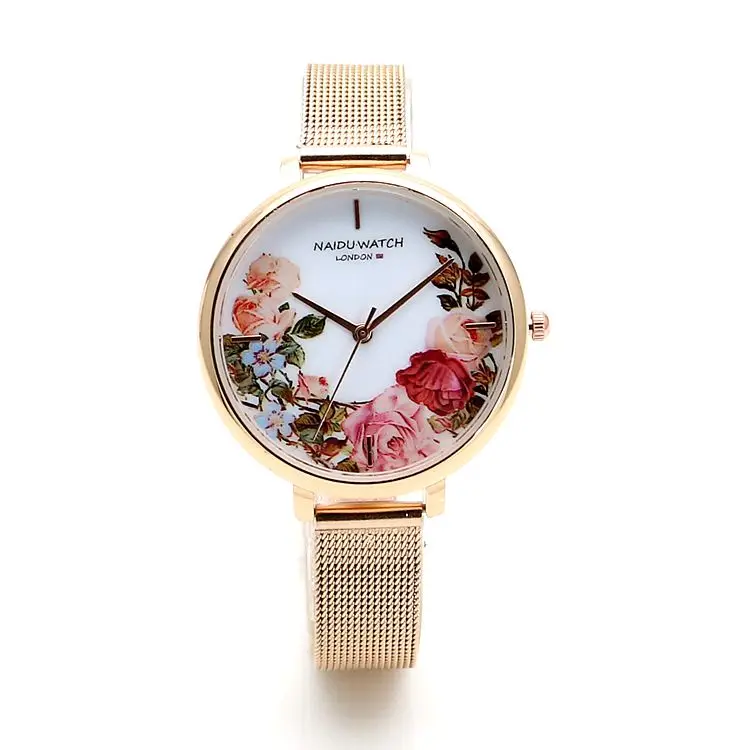 

Excellent quality fashion flower quartz pu leather mesh watch for women, 6 colors