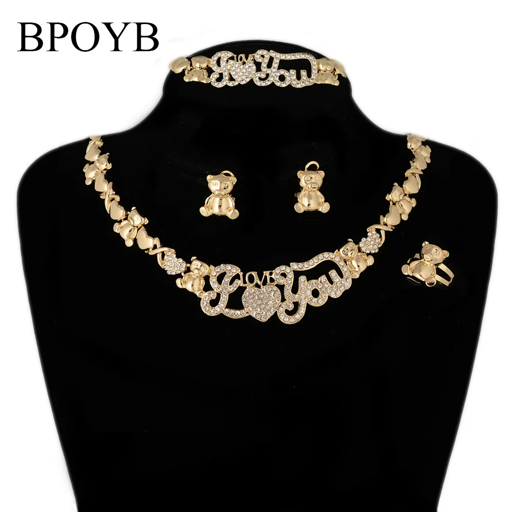 

BPOYB Hot Sale Women Kids Luxury Bridal Saudi Gold Filled Xoxo Necklace Big I Love You Teddy Bear Heart Jewelry Set Valentine