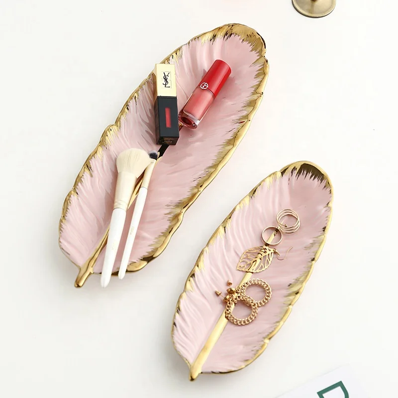 

Phnom Penh ceramic pink feather jewelry plate banana leaf cosmetic dried fruit storage tray, Pink/green/white/gold