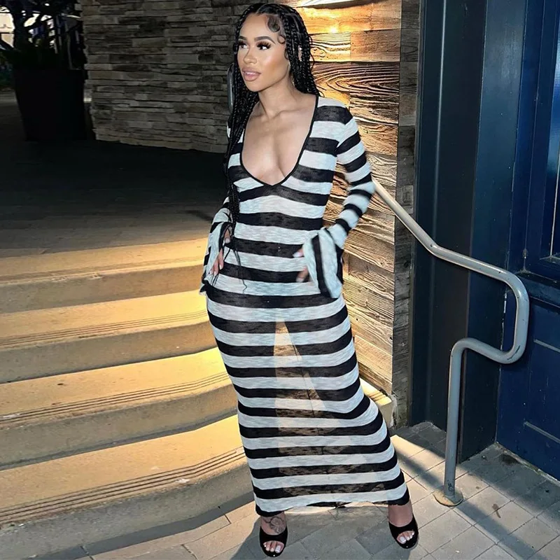 New Arrival Fashion Stripe Long Sleeve Casual Backless Women's Clothing Dress