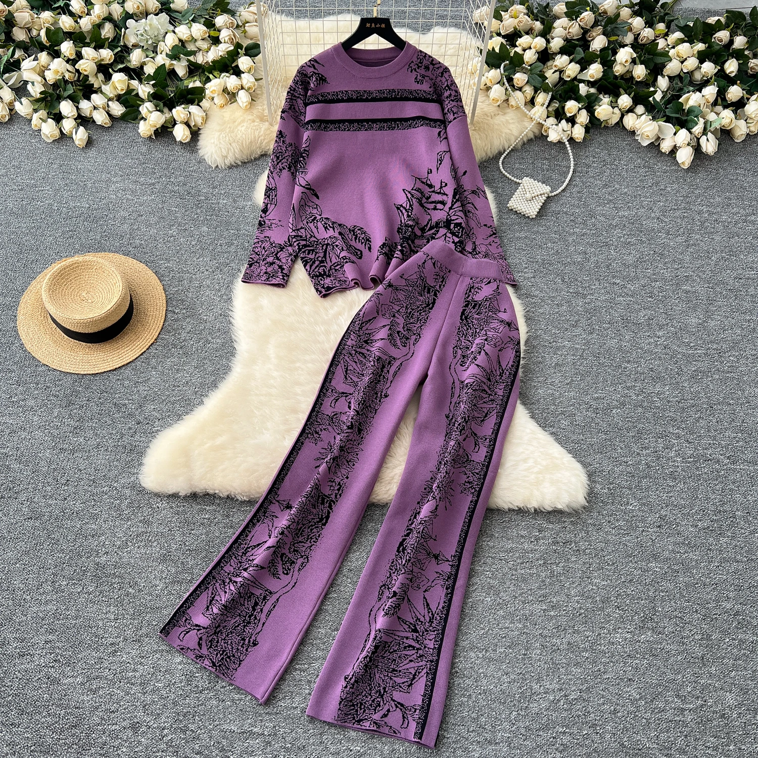 LE4688 Women'S Fashion Suit With Crew-Neck Long Sleeve Jacquard Sweater Sweater High Waist Casual Wide Leg Pants