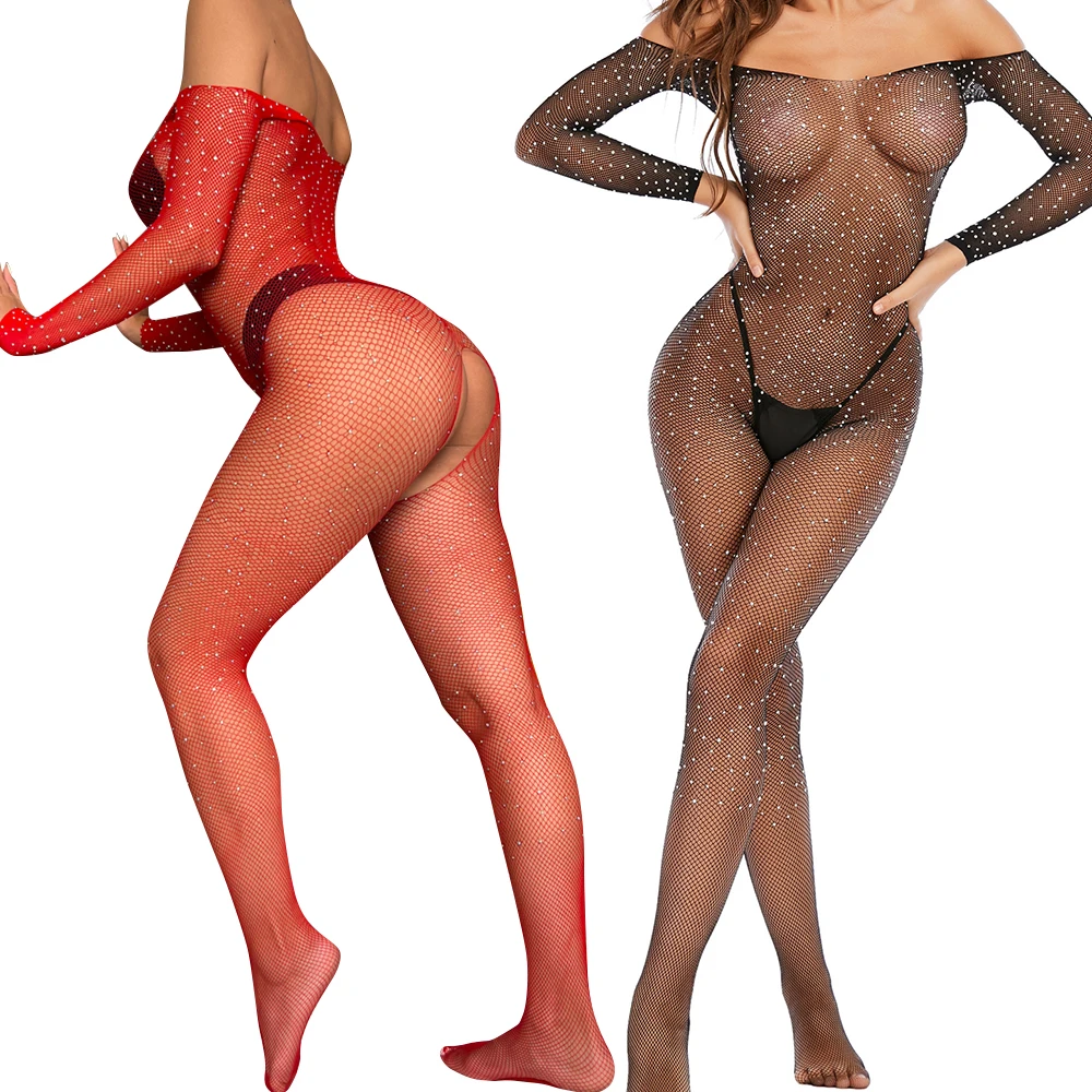 

plus size Lingerie for chubby women Mesh panty hose stocking women shiny rhinestone one piece Crotchless sleep Lingerie Fishnet, Black red