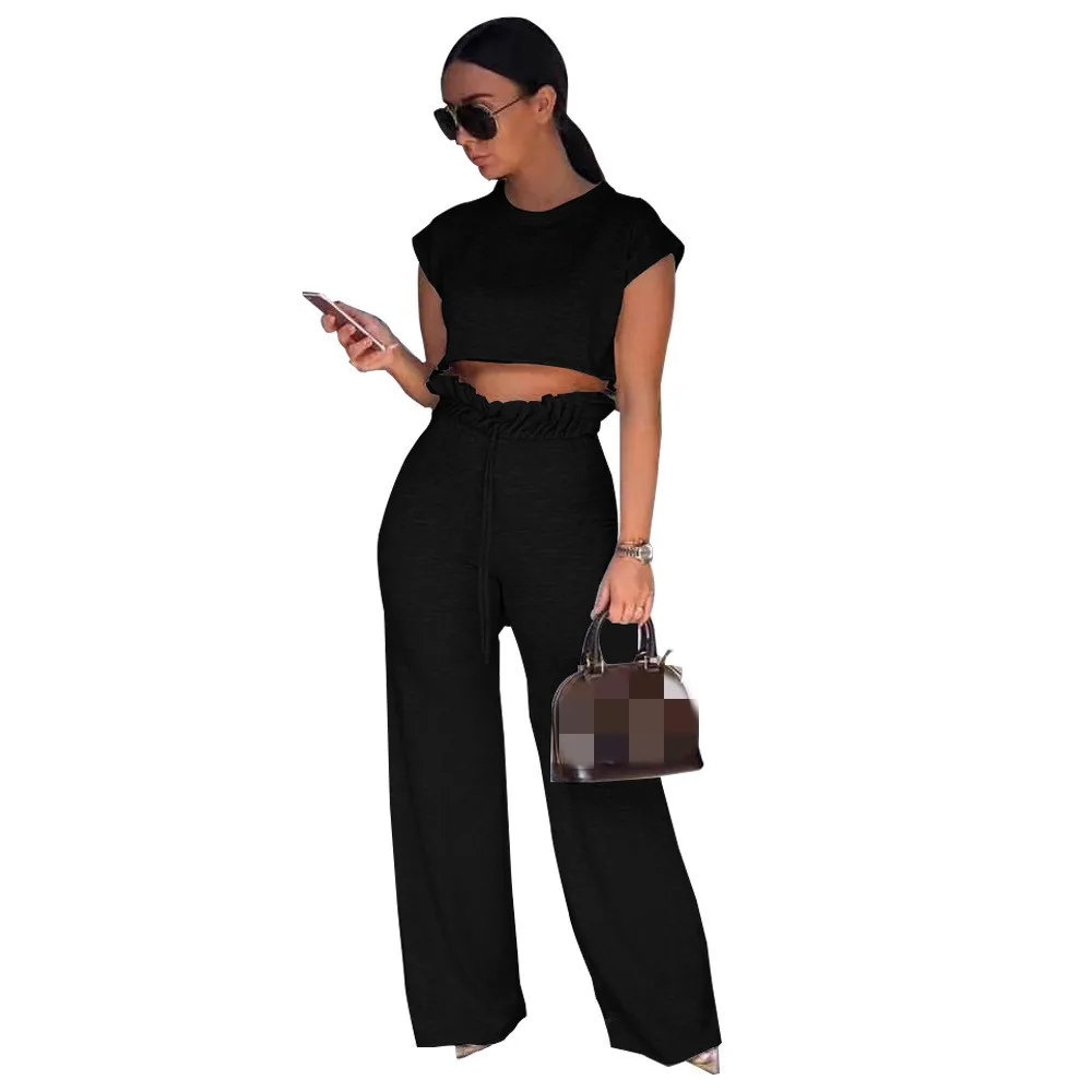 

Summer Women Two Piece Sets Causal Lady Outfits O Neck Short Sleeve Shirt Pullover Crop Top and Wide Leg Pants Suits, As shown