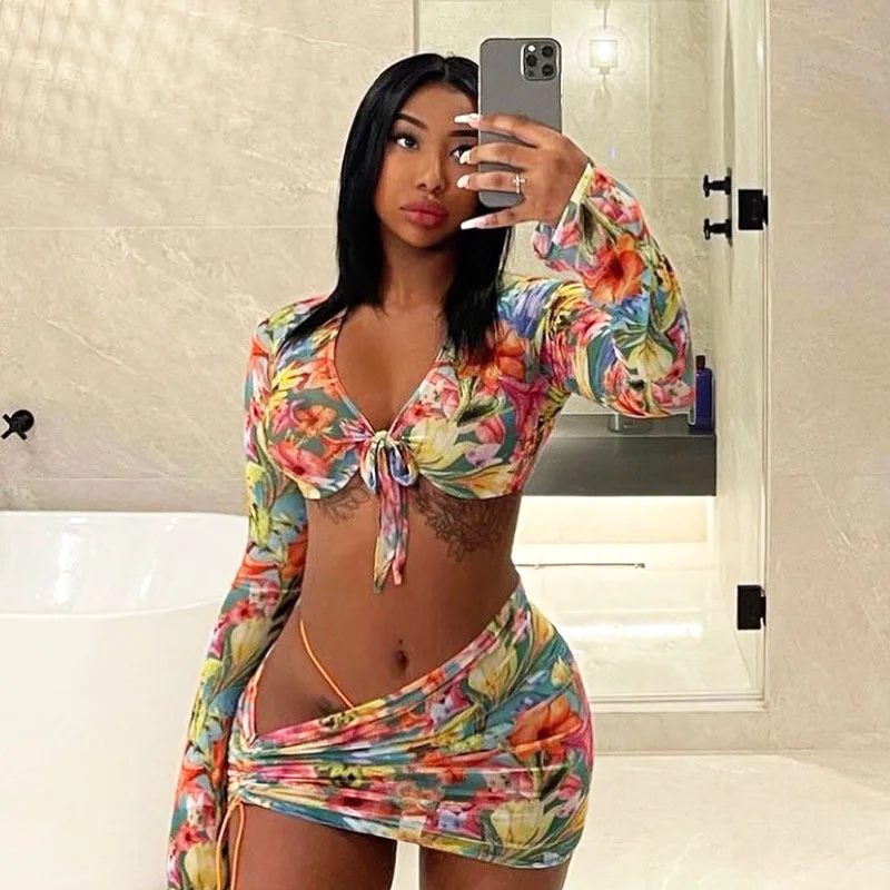 

W-C-872A Women Floral Sexy Swim Suit Bathing Suits 2021 Summer 3 Piece Set Long Sleeves Tops Thongs Mini Skirts