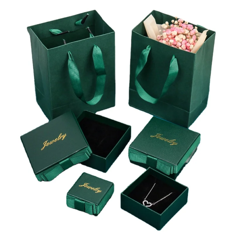 

Luxury Green Red Butterfly Necklace Ring Set Packaging Supplier Custom Logo Printed Velvet Paper Jewelry Box, Dark green