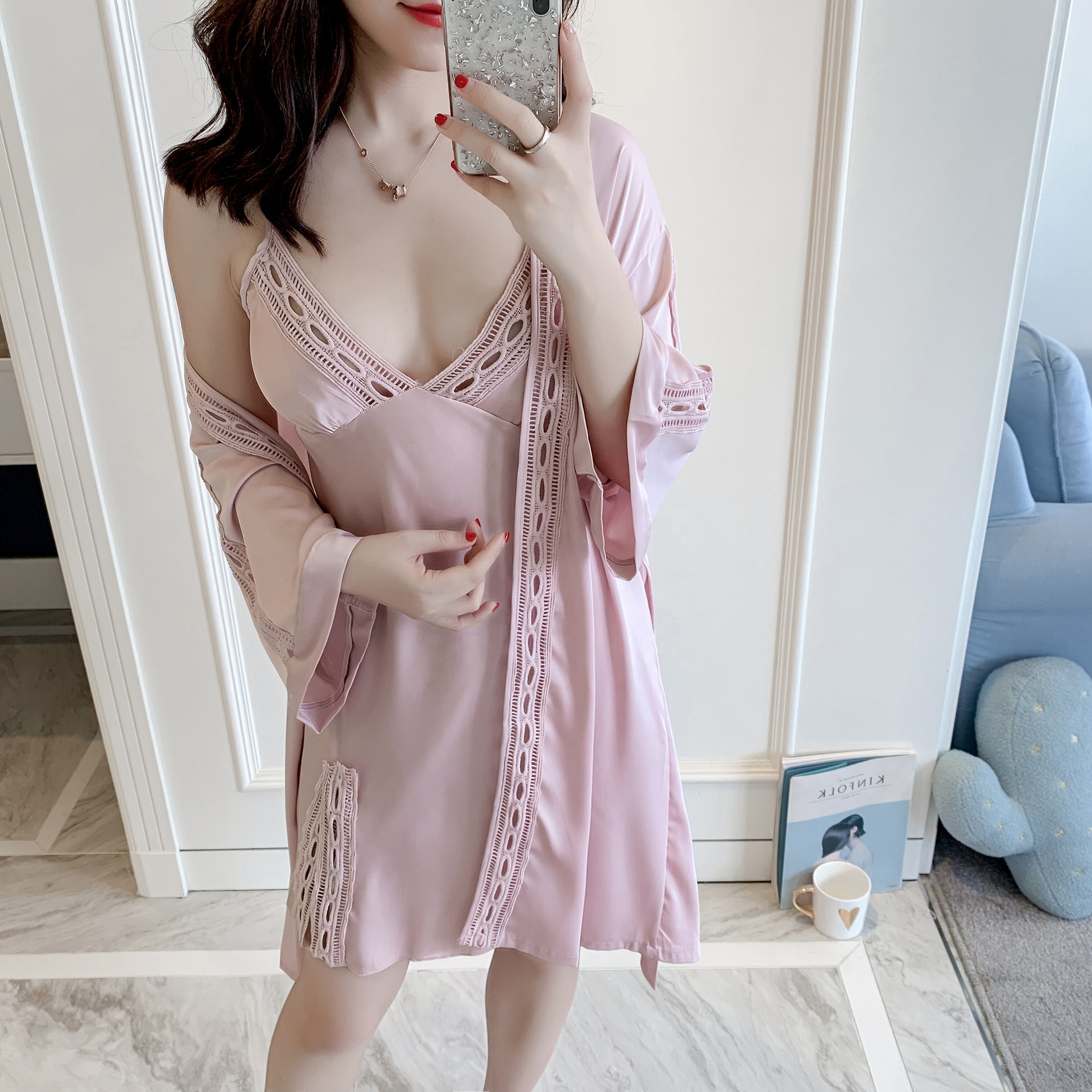 

Two Pieces Sexy Nightwear Silk Satin Embroidery Sleepwear Pyjamas Femme