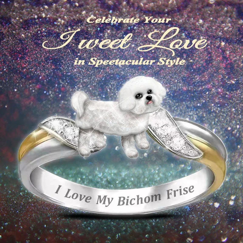 

I Love My Bichon Crystal Ring Gemstone Fashion Lady Ring Cute Dog Ring Girl