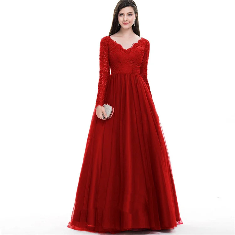 

2023 New Design Modest Red Evening Dress Women Long Sleeve Party Dress