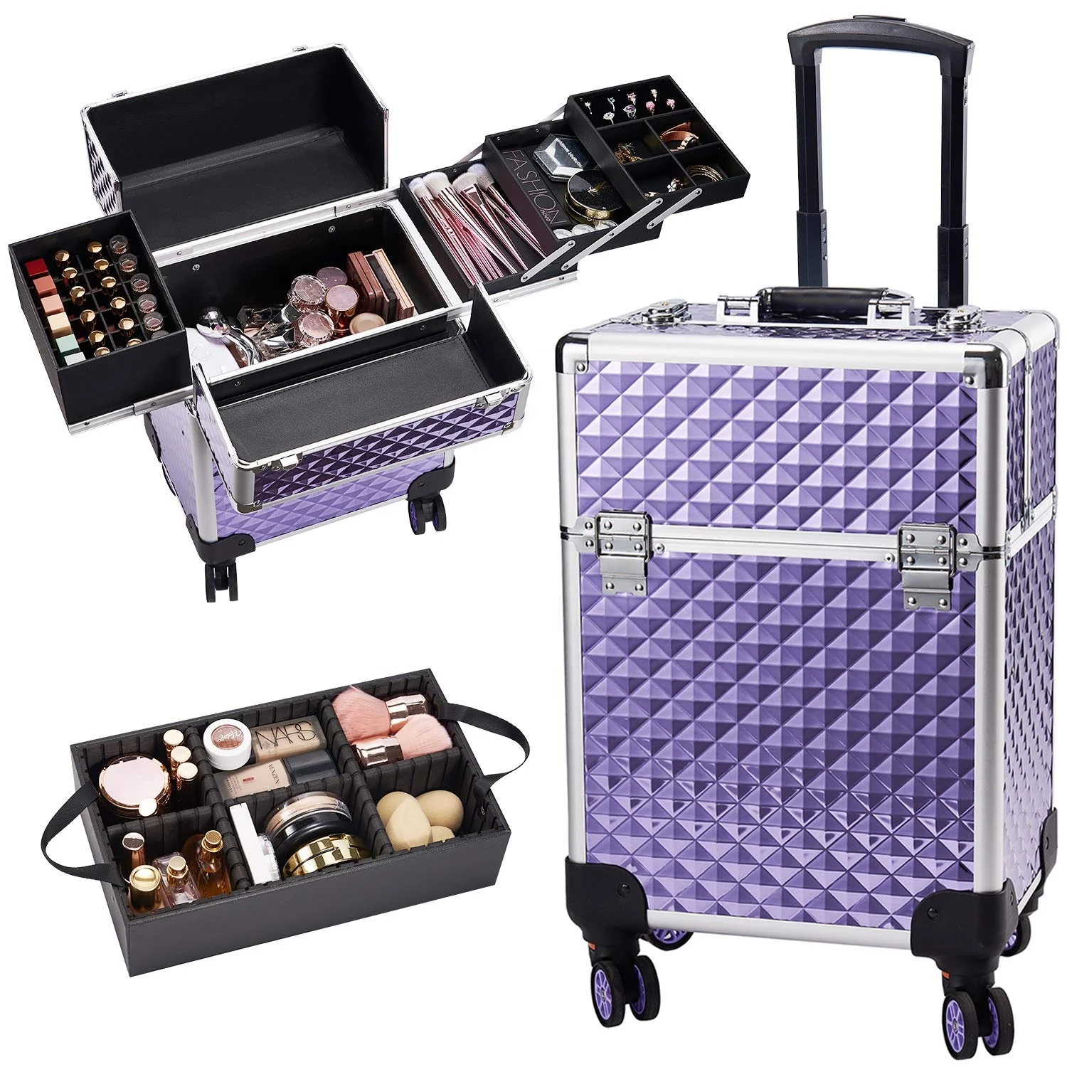 

Diamond Cut Vanity Trolley Led Case, Black