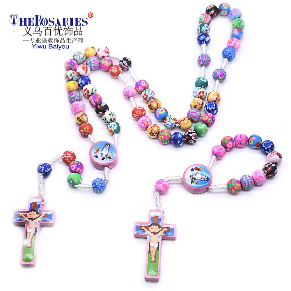 

Child Rosary Colorful Polymer Clay Beads Holy Cross Necklace and Bracelet Baptism Beads Catholic Children Gift Set