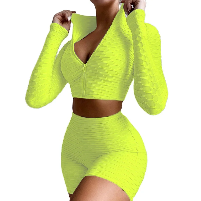 

Hot Sale Women 2 Piece Long Sleeve Zipper Sports Set Fitness Crop Top Two Piece Shorts Yoga Set, 13 colors