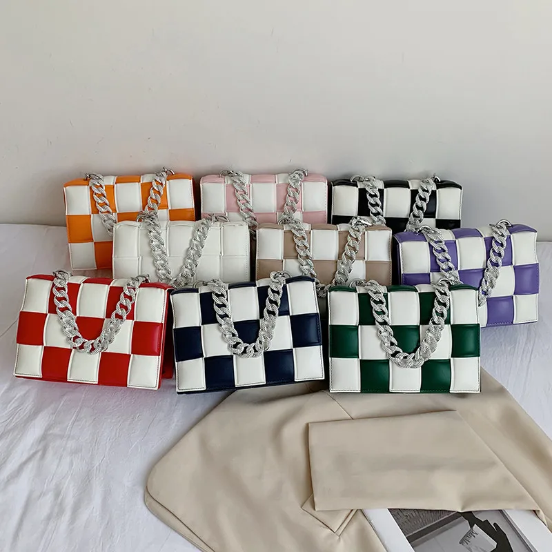 

High Quality Women Weave Square Crossbody Ladies Luxury Female Pu Leather Chain Handbags, Black, white, orange, green, blue, purple, khaki, pink, red