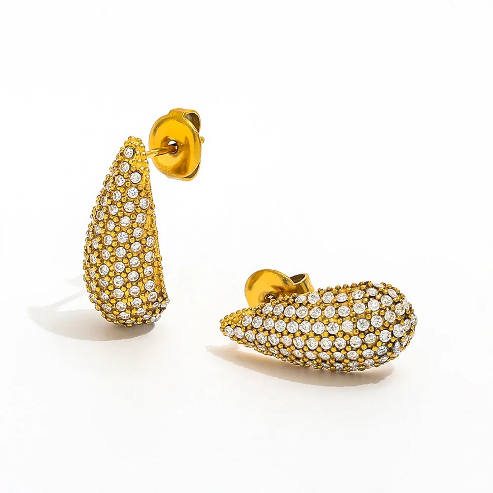 18K PVD Gold & Silver Plated Large Waterdrop Stainless Steel Colorful Zirconia Pave Stud Earring Waterproof Fashion Jewelry