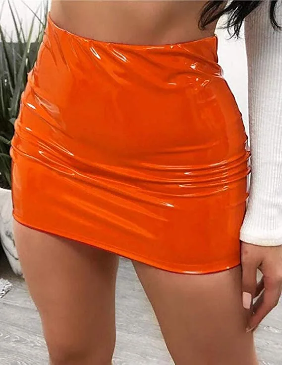 

Sexy Clubwear Women PU Leather Skirts Red Pink Orange High Waist Slim Pencil Skirts Vintage Bodycon Mini Skirts, Multicolor